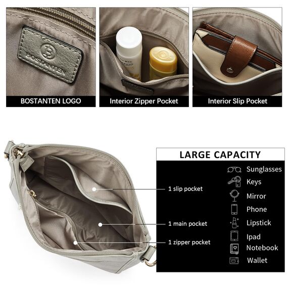BOSTANTEN Handtasche Damen Mittelgroß Umhängetasche Crossbody Bags Leder Schultertasche für Frauen Shopper Tasche mit Verstellbarem Farbigem Riemen Grau