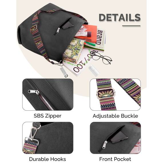 Prite Shopper Tasche Damen Groß Cord Tasche Tote Bag mit Verstellbarem Schultergurt für College Schule Arbeit Reisen Einkaufen（Grau）