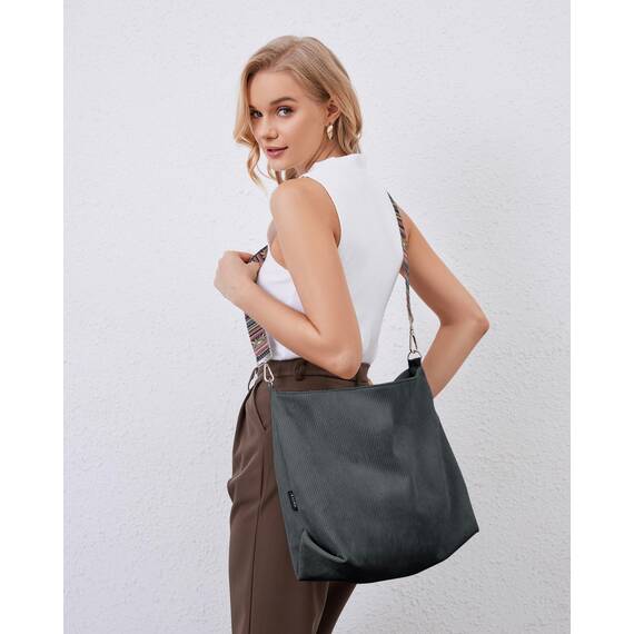 Prite Shopper Tasche Damen Groß Cord Tasche Tote Bag mit Verstellbarem Schultergurt für College Schule Arbeit Reisen Einkaufen（Grau）