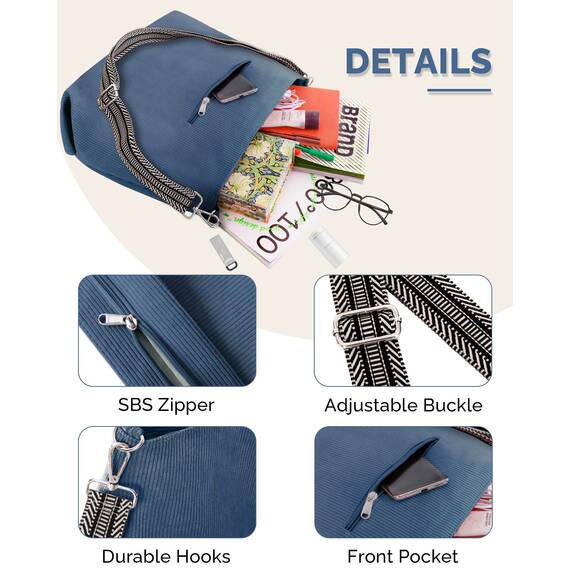 Prite Shopper Tasche Damen Groß Cord Tasche Tote Bag mit Verstellbarem Schultergurt für College Schule Arbeit Reisen Einkaufen（Blau）