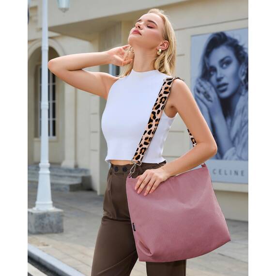 Prite Shopper Tasche Damen Groß Cord Tasche Tote Bag mit Verstellbarem Schultergurt für College Schule Arbeit Reisen Einkaufen（Rosa）