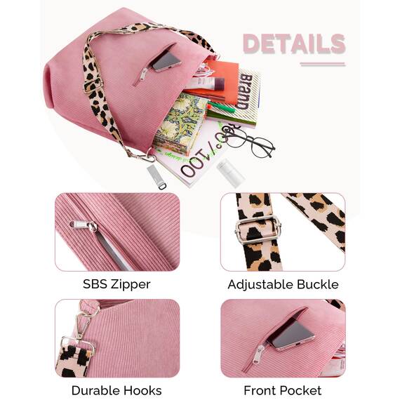 Prite Shopper Tasche Damen Groß Cord Tasche Tote Bag mit Verstellbarem Schultergurt für College Schule Arbeit Reisen Einkaufen（Rosa）