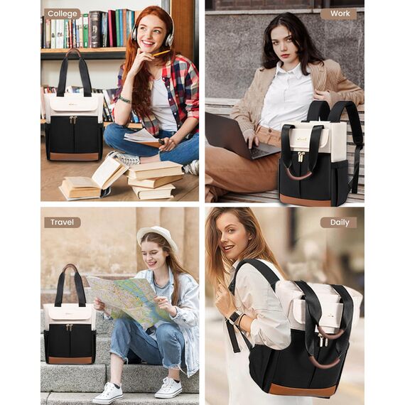 LOVEVOOK Rucksack Damen Groß, Laptop Rucksäcke Schulrucksack Teenager, Schultasche Arbeitstasche Handtasche 2 in 1, 15,6 Zoll Lehrertasche Tagesrucksäcke für Reise Uni Business, Beige Schwarz Braun