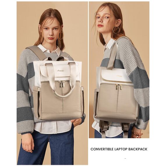LOVEVOOK Rucksack Damen Groß, 15,6 Zoll Laptop Rucksacktasche Schulrucksack Teenager, Wasserdicht Arbeitstasche Handtasche 2 in 1, Lehrertasche Tagesrucksäcke für Reise Uni Business, Beige Khaki