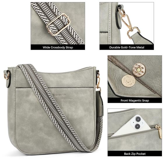 BOSTANTEN Handtasche Damen Mittelgroß Umhängetasche Crossbody Bags Leder Schultertasche für Frauen Shopper Tasche mit Verstellbarem Farbigem Riemen Grau