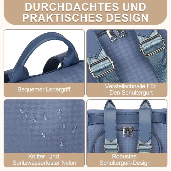 Eshow Rucksack Damen Klein, Anti-Diebstahl Kleiner Cityrucksack Tagesrucksack Elegant, 3 in 1 Rucksacktasche mit Clutchbag & RFID Blocker Modern für Pendeln Schule Arbeit Reise Blau