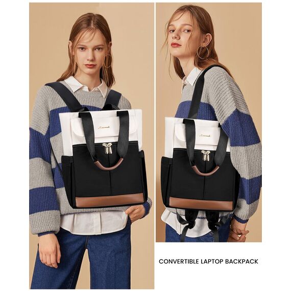LOVEVOOK Rucksack Damen Groß, Laptop Rucksäcke Schulrucksack Teenager, Schultasche Arbeitstasche Handtasche 2 in 1, 15,6 Zoll Lehrertasche Tagesrucksäcke für Reise Uni Business, Beige Schwarz Braun