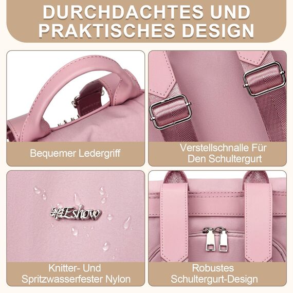 Eshow Rucksack Damen Klein, Anti-Diebstahl Kleiner Cityrucksack Tagesrucksack Elegant, 3 in 1 Rucksacktasche mit Clutchbag & RFID Blocker Modern für Pendeln Schule Arbeit Reise Rosa