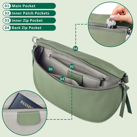 BROTOU Bauchtasche Damen Umhängetasche Damen Crossbody Bag Leder, mit 2 Breitem Schultergurt Kartenhalter, Moon Bag Gürteltasche Taschen