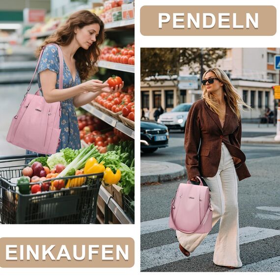 Eshow Rucksack Damen Klein, Anti-Diebstahl Kleiner Cityrucksack Tagesrucksack Elegant, 3 in 1 Rucksacktasche mit Clutchbag & RFID Blocker Modern für Pendeln Schule Arbeit Reise Rosa