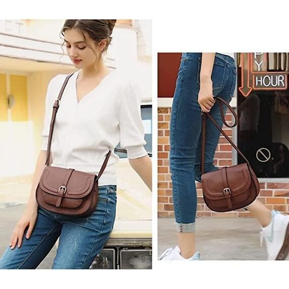 AFKOMST Crossbody-Tasche für Damen, kleine Umhängetasche, Vintage-Sattelhandtaschen, veganes Leder, Brown5, Small