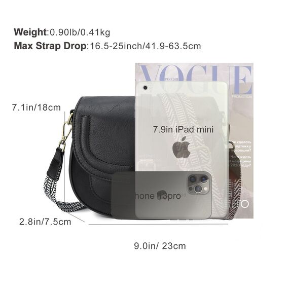 AFKOMST Umhängetasche für Damen Kleiner Beutel und Schultertasche Vintage Sattel Handtaschen Veganes Leder, Schwarz / Wellen, 23,5 x 9,5 x 18 cm