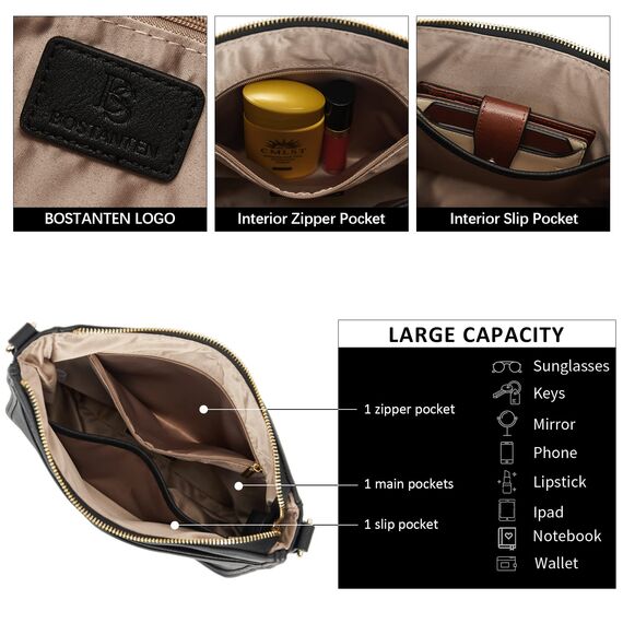 BOSTANTEN Handtasche Damen Mittelgroß Umhängetasche Crossbody Bags Leder Schultertasche für Frauen Shopper Tasche mit Verstellbarem Farbigem Riemen Schwarz