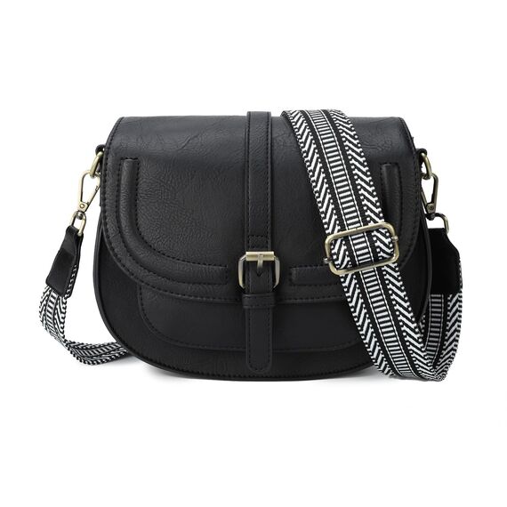 AFKOMST Umhängetasche für Damen Kleiner Beutel und Schultertasche Vintage Sattel Handtaschen Veganes Leder, Schwarz / Wellen, 23,5 x 9,5 x 18 cm