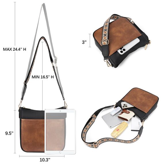 BOSTANTEN Handtasche Damen Mittelgroß Umhängetasche Crossbody Bags Leder Schultertasche für Frauen Shopper Tasche mit Verstellbarem Farbigem Riemen Schwarz mit Braun
