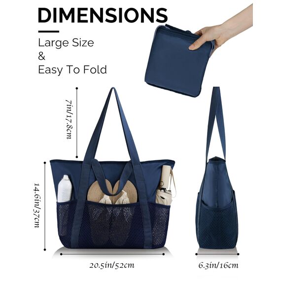 HOMESPON Strandtasche Damen mit Reißverschluss Große Wasserdicht Mesh Badetasche Familie Faltbar Beach Tote Bag Shopper