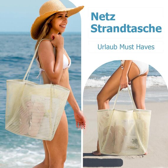 benpen Große Strandtasche Damen Xl Familie,Beach Bags For Women,Netztasche Strand Mit Reißverschluss Innentasche,Faltbare Leichte Mesh Strandtasche Korb,Badetasche Klein,Shopper für Frauen