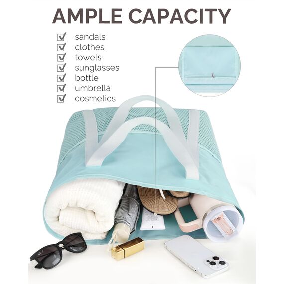 HOMESPON Strandtasche Damen mit Reißverschluss Große Wasserdicht Mesh Badetasche Familie Faltbar Beach Tote Bag Shopper