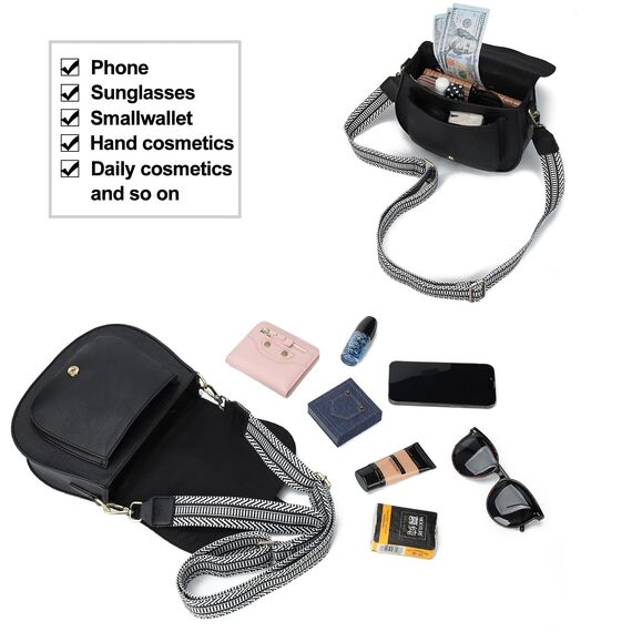 AFKOMST Umhängetasche für Damen Kleiner Beutel und Schultertasche Vintage Sattel Handtaschen Veganes Leder, Schwarz / Wellen, 23,5 x 9,5 x 18 cm