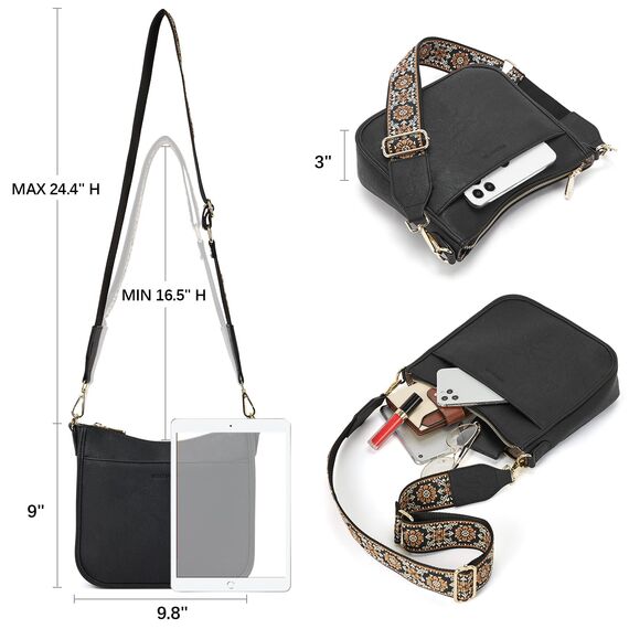 BOSTANTEN Handtasche Damen Mittelgroß Umhängetasche Crossbody Bags Leder Schultertasche für Frauen Shopper Tasche mit Verstellbarem Farbigem Riemen Schwarz