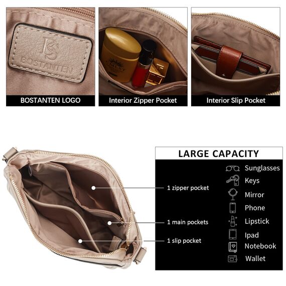 BOSTANTEN Handtasche Damen Mittelgroß Umhängetasche Crossbody Bags Leder Schultertasche für Frauen Shopper Tasche mit Verstellbarem Farbigem Riemen Grau