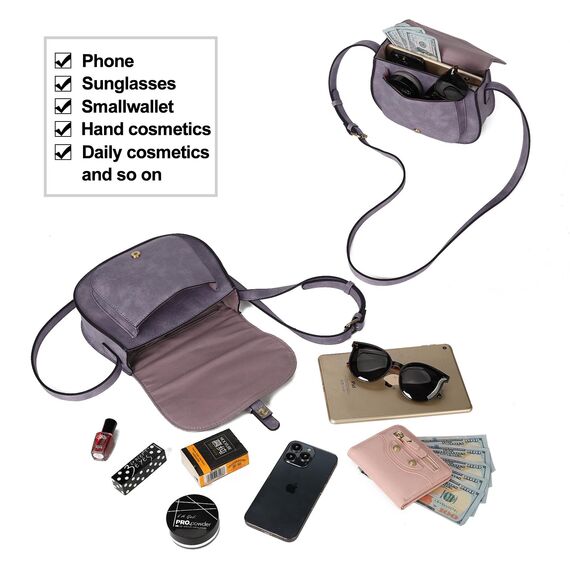 AFKOMST Umhängetasche für Damen Kleiner Beutel und Schultertasche Vintage Sattel Handtaschen Veganes Leder, hellviolett, 23,5 x 9,5 x 18 cm