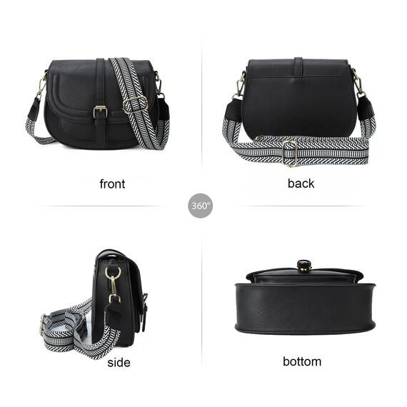 AFKOMST Umhängetasche für Damen Kleiner Beutel und Schultertasche Vintage Sattel Handtaschen Veganes Leder, Schwarz / Wellen, 23,5 x 9,5 x 18 cm