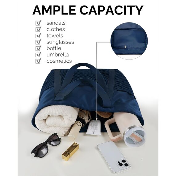 HOMESPON Strandtasche Damen mit Reißverschluss Große Wasserdicht Mesh Badetasche Familie Faltbar Beach Tote Bag Shopper