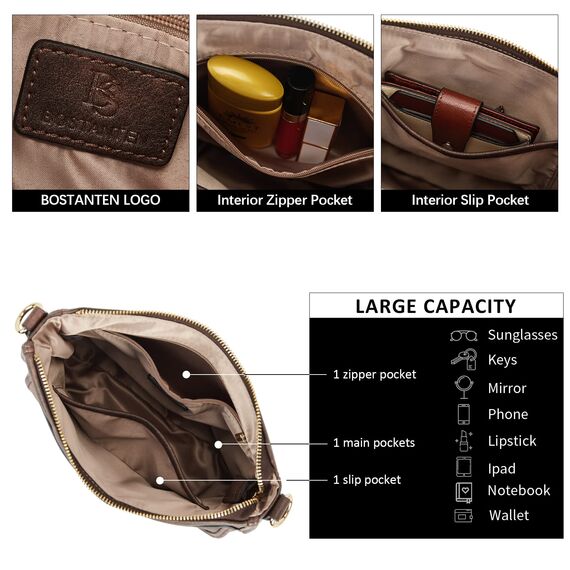 BOSTANTEN Handtasche Damen Mittelgroß Umhängetasche Crossbody Bags Leder Schultertasche für Frauen Shopper Tasche mit Verstellbarem Farbigem Riemen Kaffee