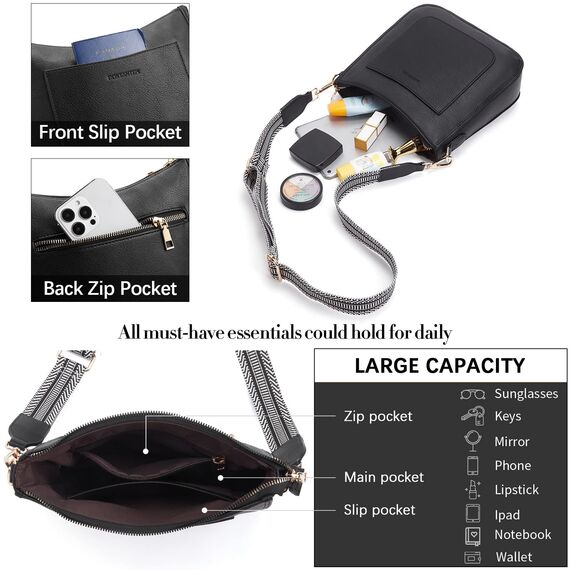 BOSTANTEN umhängetasche damen mittelgroß Handtaschen damen-schultertaschen aus PU Leder shopper tasche für Frauen Hobo Crossbody Bags mit verstellbarem Farbigem Riemen Schwarz