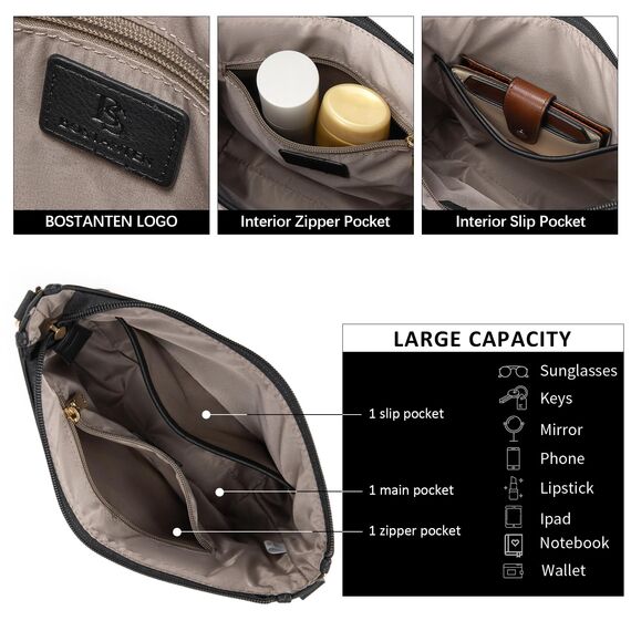 BOSTANTEN Handtasche Damen Mittelgroß Umhängetasche Crossbody Bags Leder Schultertasche für Frauen Shopper Tasche mit Verstellbarem Farbigem Riemen Schwarz mit Braun