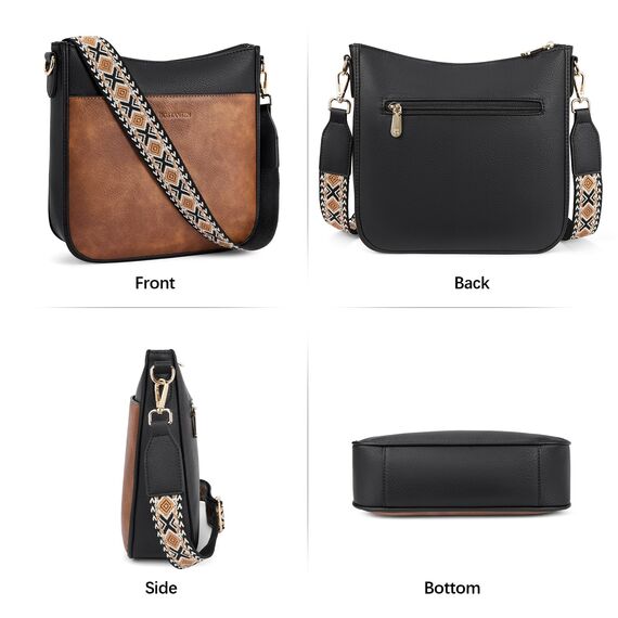 BOSTANTEN Handtasche Damen Mittelgroß Umhängetasche Crossbody Bags Leder Schultertasche für Frauen Shopper Tasche mit Verstellbarem Farbigem Riemen Schwarz mit Braun