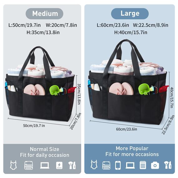KALIDI Mesh Strandtasche XXL Familie, Strandtasche mit Reißverschluss Shopper Damen Groß Badetasche, Beach Bag Einkaufstaschen für Reisen Einkaufen und Alltag (Schwarz-XXXL)