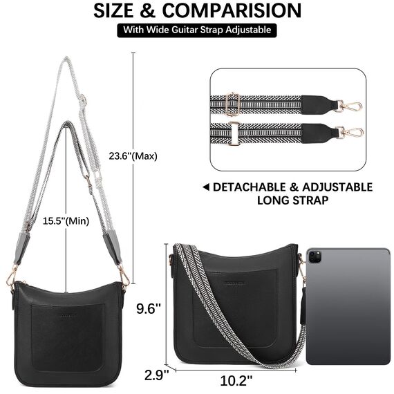 BOSTANTEN umhängetasche damen mittelgroß Handtaschen damen-schultertaschen aus PU Leder shopper tasche für Frauen Hobo Crossbody Bags mit verstellbarem Farbigem Riemen Schwarz