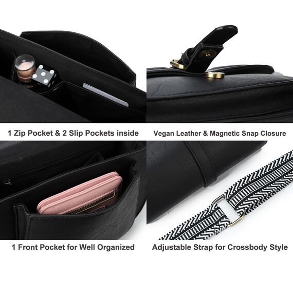 AFKOMST Umhängetasche für Damen Kleiner Beutel und Schultertasche Vintage Sattel Handtaschen Veganes Leder, Schwarz / Wellen, 23,5 x 9,5 x 18 cm