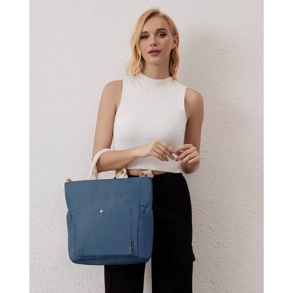 Prite Shopper Tasche Damen Groß Cordtaschen Tote Bag Cord Beuteltasche Stofftasche mit Verstellbarem Schultergurt für Arbeit Reisen Einkaufen Schule College (Blau)