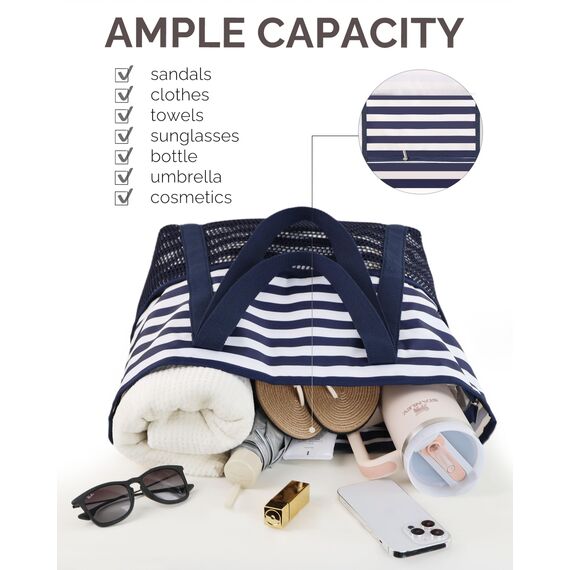 HOMESPON Strandtasche Damen mit Reißverschluss Große Wasserdicht Mesh Badetasche Familie Faltbar Beach Tote Bag Shopper