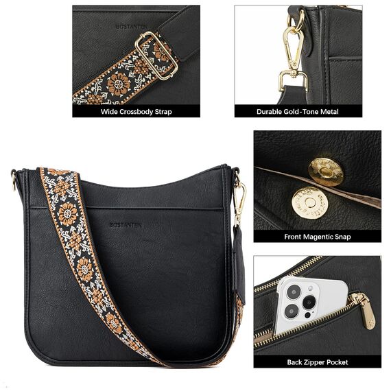 BOSTANTEN Handtasche Damen Mittelgroß Umhängetasche Crossbody Bags Leder Schultertasche für Frauen Shopper Tasche mit Verstellbarem Farbigem Riemen Schwarz