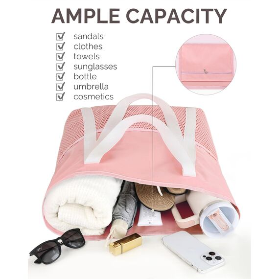 HOMESPON Strandtasche Damen mit Reißverschluss Große Wasserdicht Mesh Badetasche Familie Faltbar Beach Tote Bag Shopper