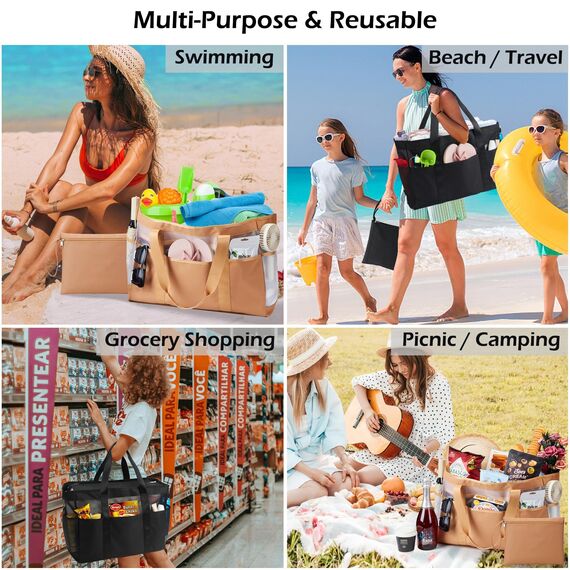 KALIDI Mesh Strandtasche XXL Familie, Strandtasche mit Reißverschluss Shopper Damen Groß Badetasche, Beach Bag Einkaufstaschen für Reisen Einkaufen und Alltag (Schwarz-XXXL)