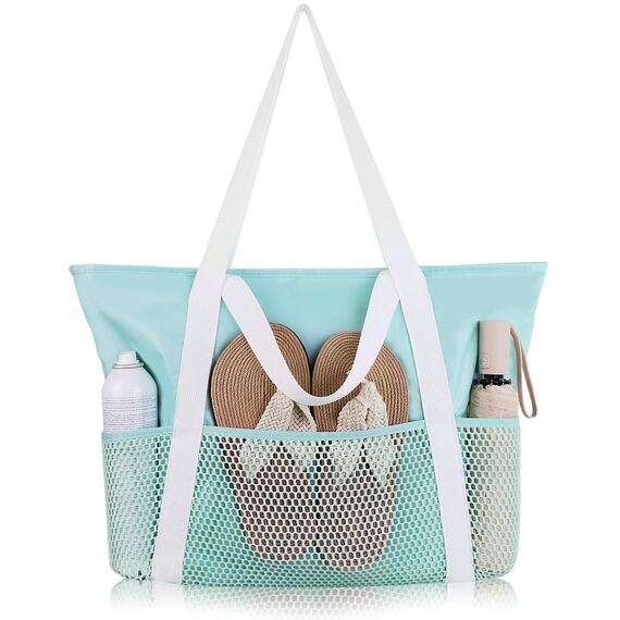HOMESPON Strandtasche Damen mit Reißverschluss Große Wasserdicht Mesh Badetasche Familie Faltbar Beach Tote Bag Shopper