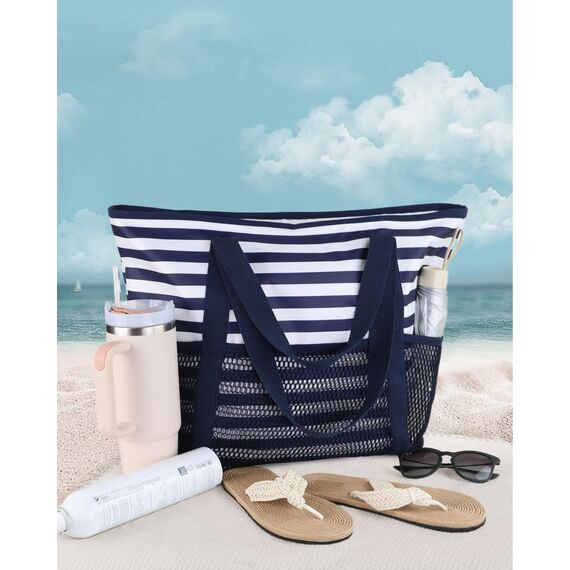 HOMESPON Strandtasche Damen mit Reißverschluss Große Wasserdicht Mesh Badetasche Familie Faltbar Beach Tote Bag Shopper