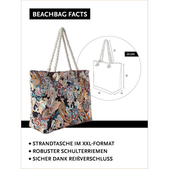 DonDon große Strandtasche XXL mit Reißverschluss - Umhängetasche Damen - große Badetasche für Urlaub vielseitige Shopper Tasche Damen für Strand Urlaub Must Haves Beach bag - Paisley