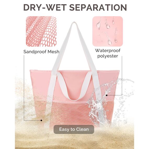 HOMESPON Strandtasche Damen mit Reißverschluss Große Wasserdicht Mesh Badetasche Familie Faltbar Beach Tote Bag Shopper
