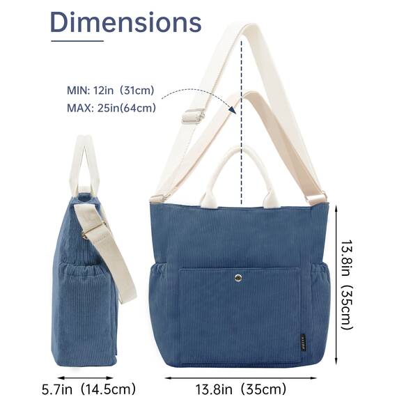 Prite Shopper Tasche Damen Groß Cordtaschen Tote Bag Cord Beuteltasche Stofftasche mit Verstellbarem Schultergurt für Arbeit Reisen Einkaufen Schule College (Blau)
