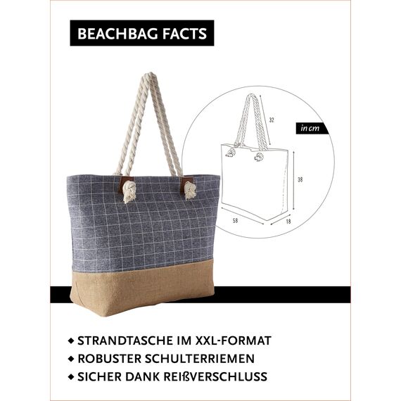 DonDon große Strandtasche XXL mit Reißverschluss - Umhängetasche Damen - große Badetasche für Urlaub vielseitige Shopper Tasche Damen für Strand Urlaub Must Haves Beach bag - Karo blau