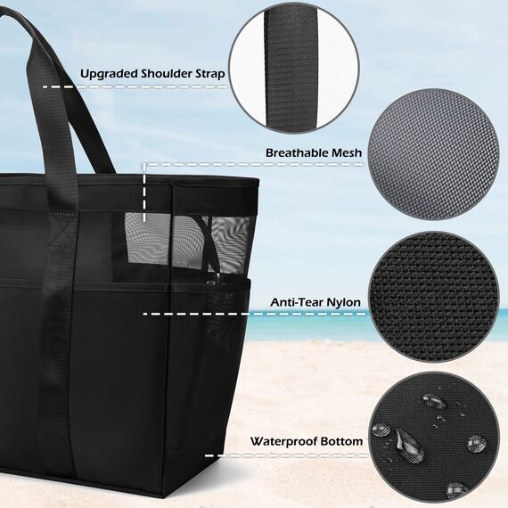 KALIDI Mesh Strandtasche XXL Familie, Strandtasche mit Reißverschluss Shopper Damen Groß Badetasche, Beach Bag Einkaufstaschen für Reisen Einkaufen und Alltag, Braun
