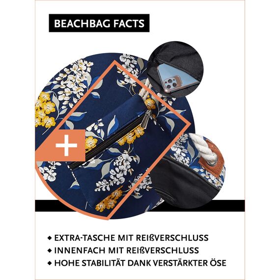 DonDon große Strandtasche XXL mit Reißverschluss - Umhängetasche Damen - große Badetasche für Urlaub vielseitige Shopper Tasche Damen für Strand Urlaub Must Haves Beach bag - Blue Eden