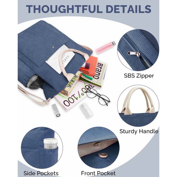 Prite Shopper Tasche Damen Groß Cordtaschen Tote Bag Cord Beuteltasche Stofftasche mit Verstellbarem Schultergurt für Arbeit Reisen Einkaufen Schule College (Blau)