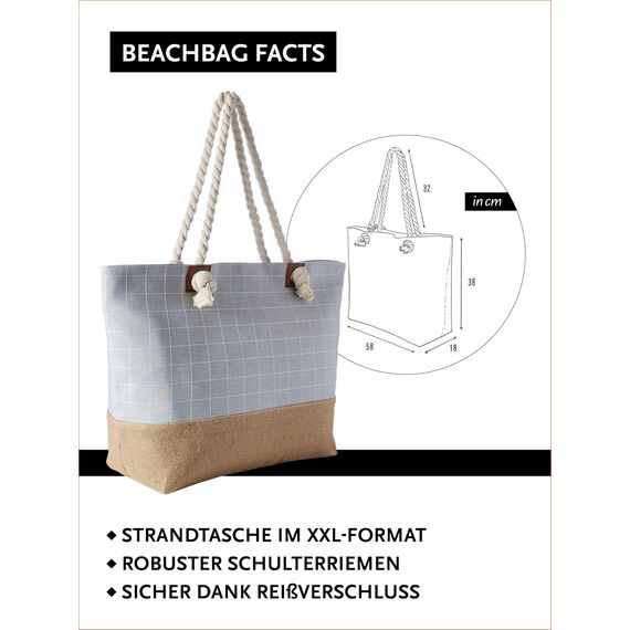 DonDon große Strandtasche XXL mit Reißverschluss - Umhängetasche Damen - große Badetasche für Urlaub vielseitige Shopper Tasche Damen für Strand Urlaub Must Haves Beach bag - Karo grau